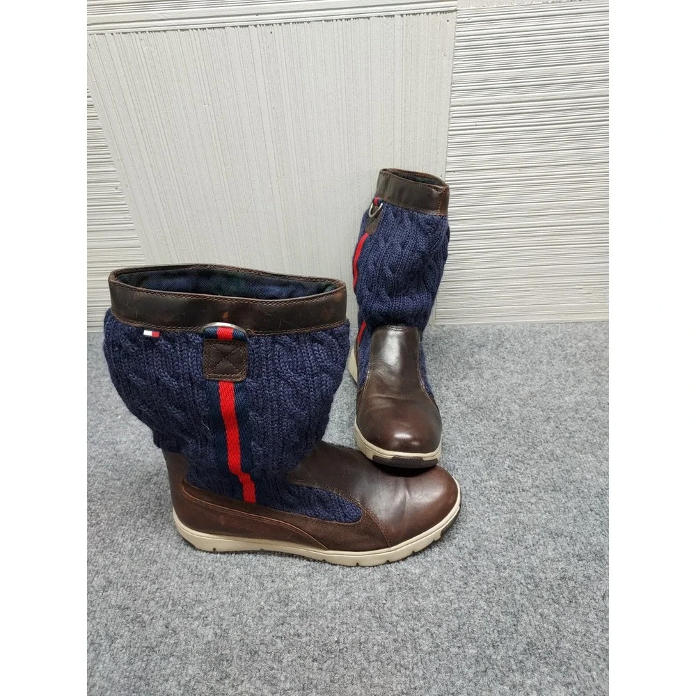 Tommy Hilfiger Men Sweater Boots 8.5M Navy Cable Knit Brown Leather Trim Outdoor